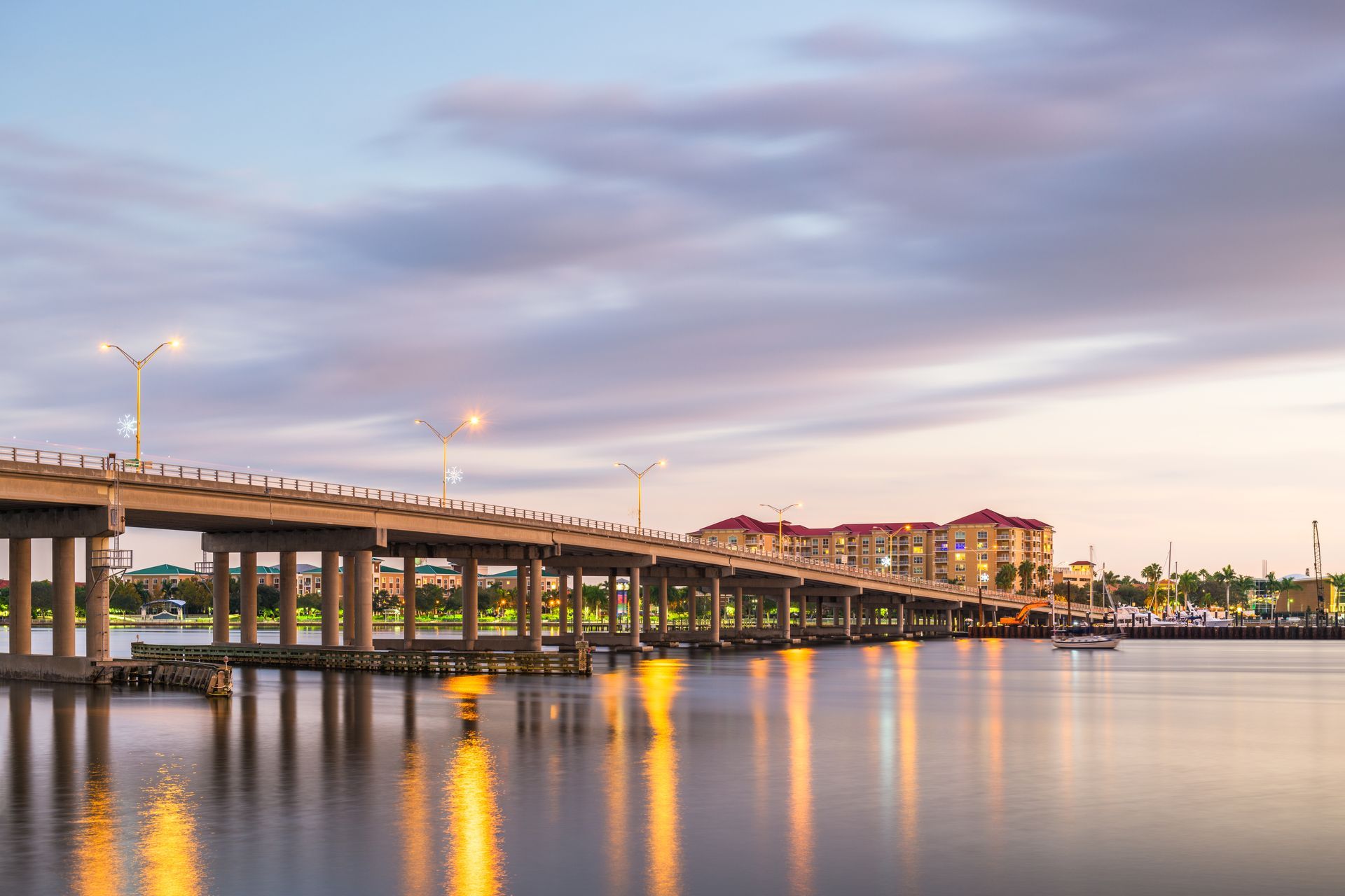 Bridge over the water at dusk in Bradenton, Florida